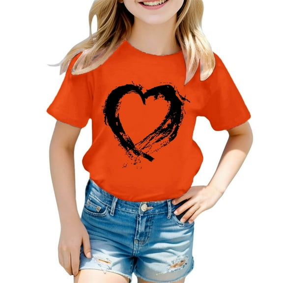 Ulitacool Tops For Girls Short Sleeve O Neck T Shirts Letter Prints Tee Blouse Classic Wear Orange 3-4 Years