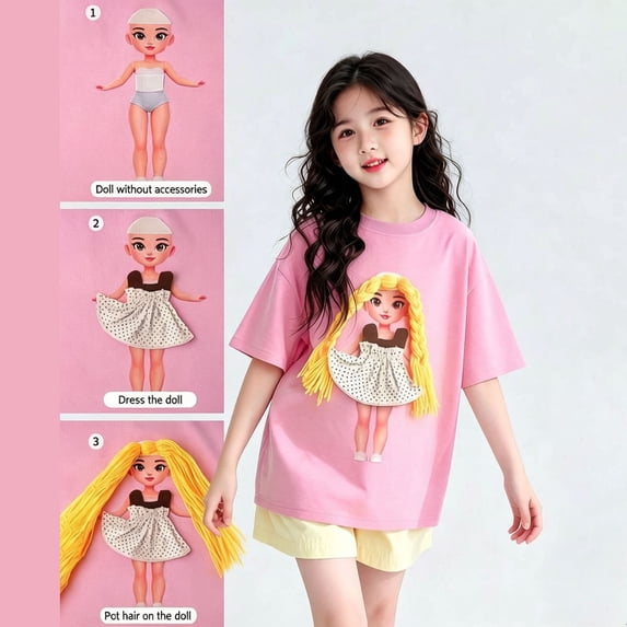 Ulitacool Tops For Girls Summer Short Sleeve O Neck Cartoon Prints Tee 4-5 Years Pink