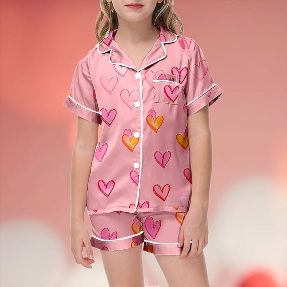 Ulitacool Valentine'S Day Pajamas For Girls 6-7 Years Short Sleeve Tops Bottoms O Neck Sleepwear Cartoon Prints Homewear Adorable Child Clothing Khaki