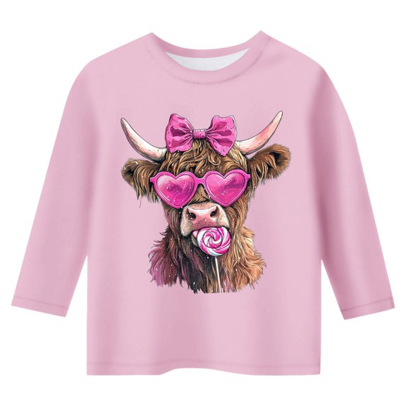 Ulitacool Valentine's Day Girl Tee Short Sleeve Blouse Cartoon Letter Graphic Daily Shirt O Neck Sweet Tops Pink 7-8 Years