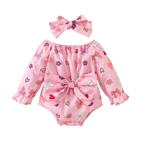 Ulitacool Winter Bodysuits For Girls Infant Long Sleeve Onesies Floral Romper Newborn Dress Headbands Set Crew Neck Cute Playsuit Pink 0-3 Months