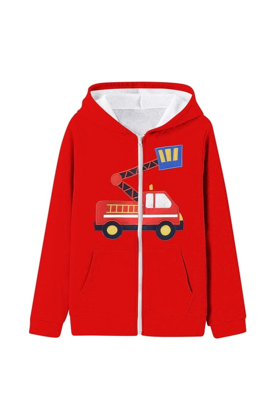 Winter Coats For Girls Long Sleeve Girls Winter Hooded Jacket With Fire Truck Print Zip Up Coats For Kids Outerwear School Outdoor Play Durable Wear Red 9-10 Years