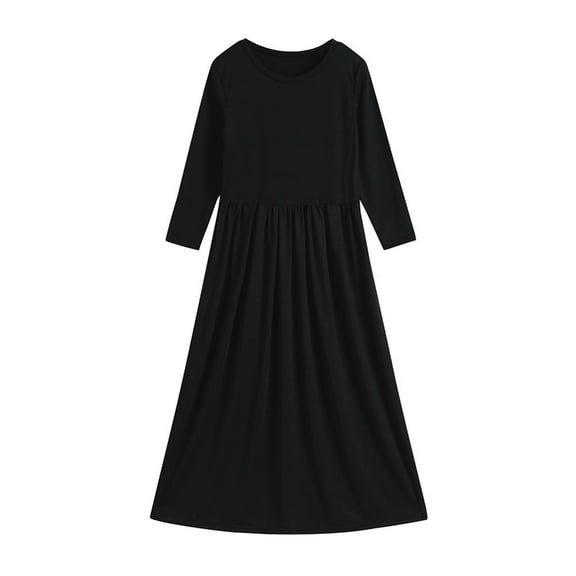 Ulitacool Winter Dresses For Girls 9-10 Years Toddler Long Sleeve Neck Solid Color Loose Daily Wear Long Maxi Dress Lovely Clothes Black