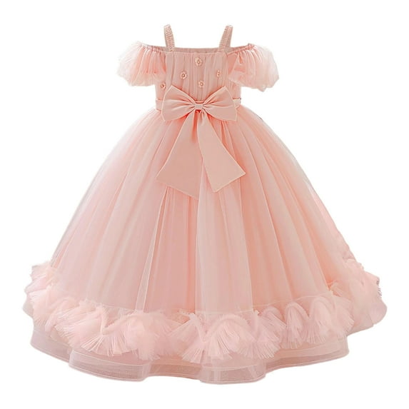 Ulitacool Winter Dresses For Girls Crew Neck Child Short Sleeve Pageant Dress Solid Color Party Gown Dresses Trend Wear Pink 7-8 Years