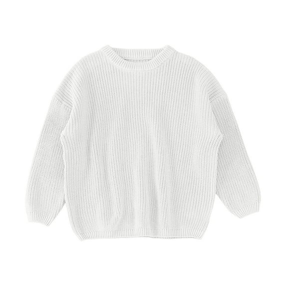 Ulitacool Winter Sweater For Girls Toddler Baby Knit Sweater Solid Color Round Neck Long Sleeve Pullover Sweatshirt Classic Wear White 2-3 Years