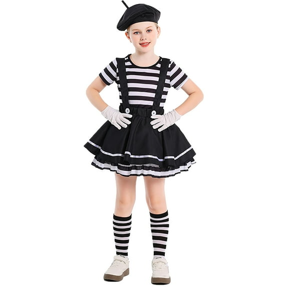 Ulitacool Winter Teen Girl Clothes Kids Girl'S Curious Mime Striped Imitator Halloween Parties Long Sleeve Crewneck Outfits Adorable Wear Black 10-12 Years