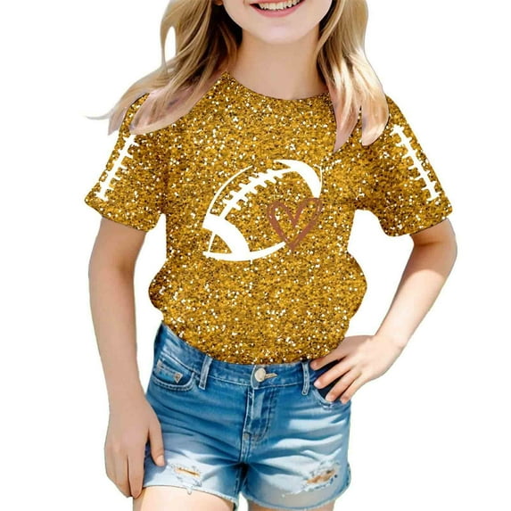 Ulitacool Winter Tops For Girls Glitter Graphic T Shirt Short Sleeve Tee Stylish Everyday Wear Youth Apparel Round Neck Tops Festival Tee Trend Relax Fit Basic Wear Gold 8-9 Years