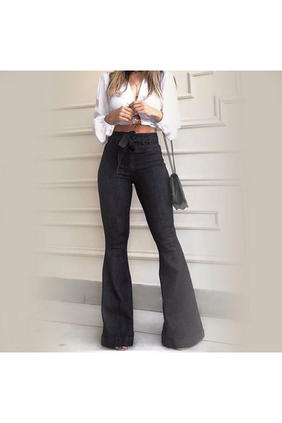 Women Pants Solid Color Destroyed Flare Jeans Elastic Waist Bell Bottom Hem Denim Pants Xl Black