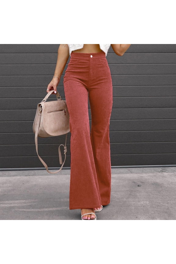 Women'S Pants Autumn And Winter Clothing Solid Color Mid Waist Slim Micro Bell Bottoms Corduroy Elastic Waist Trousers 2Xl Orange