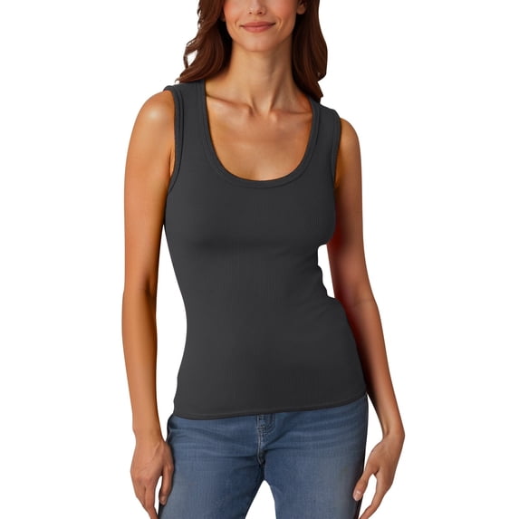 Ulitacool Women'S Shirts Ladies' Low Round Neck Ribbed T Shirt Sleeveless Elastic And Form Fitting Vest Tee Fashionable Clothes Xl Dark Gray