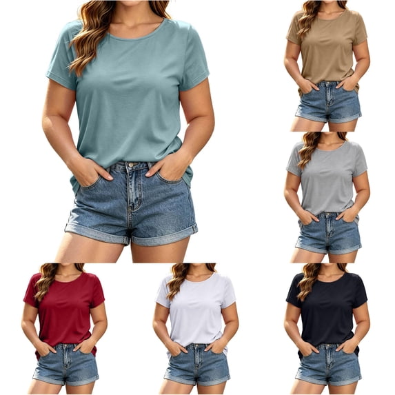 Ulitacool Women'S Summer T Shirts O Neck Short Sleeve Solid Color Tops Trend Clothing 5Xl Light Blue