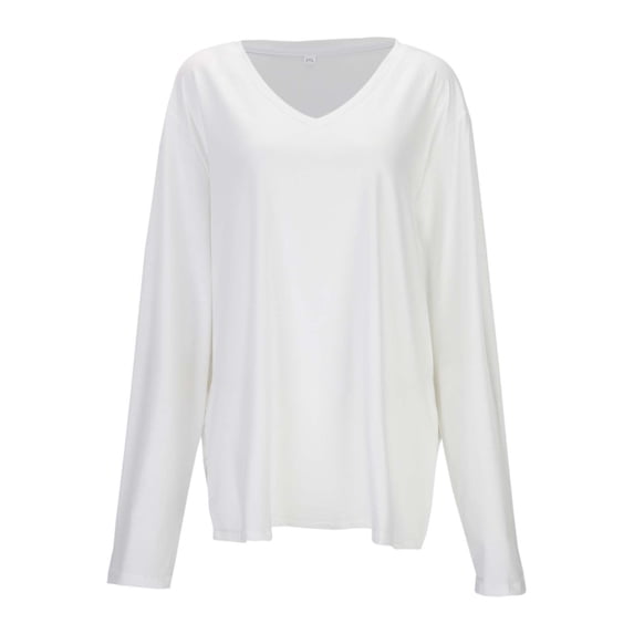 Ulitacool Women'S T Shirts Long Sleeve V Neck Solid Color Tops Trend Clothes L White