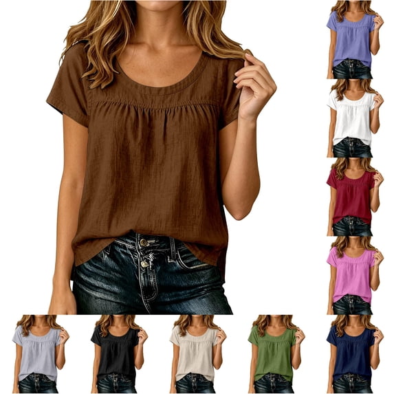 Ulitacool Women'S T Shirts Short Sleeve Round Neck Solid Color Tops Fashion Clothes L Brown