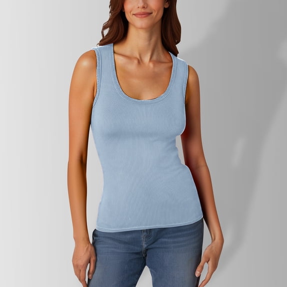 Ulitacool Women'S Tank Tops Wide Strap Low Round Neck Ribbed Casual T Shirt Sleeveless Sport Vest Basic Wear L Blue