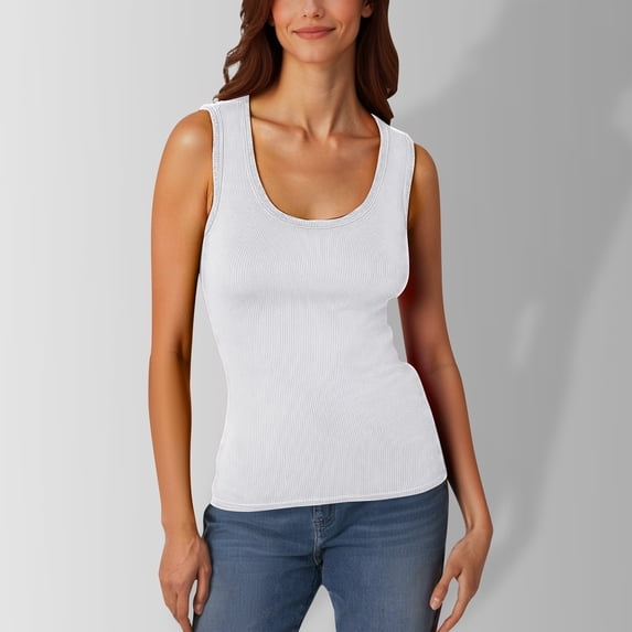 Ulitacool Women'S Tank Tops Wide Strap Low Round Neck Ribbed Casual T Shirt Sleeveless Sport Vest Versatile Wear L White