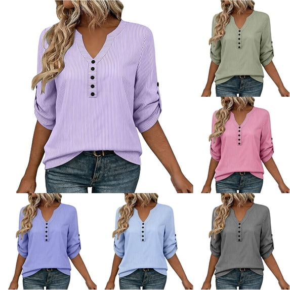 Ulitacool Women T Shirts Long Sleeve Solid Color V Neck Tops Versatile Clothing Xl Purple