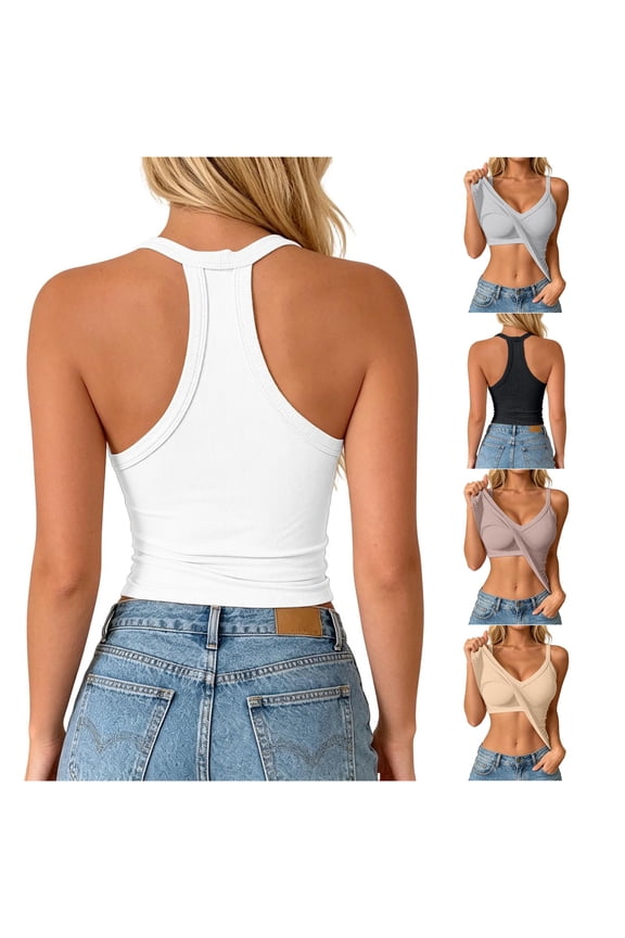 Women Tank Tops Sleeveless Spaghetti Strap Camisole Solid Color Vest With Build In Bra Layering Tight Knit Undershirt S White