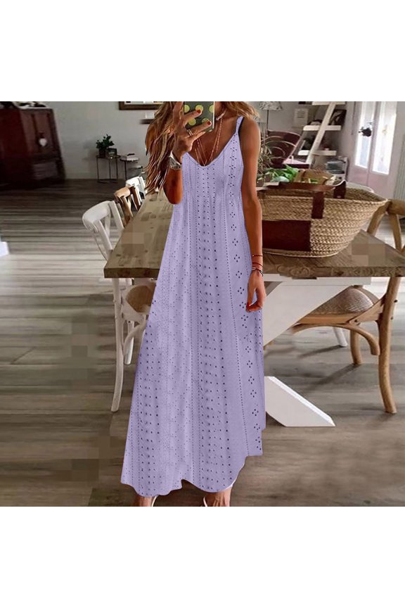 Womens Dresses Sleeveless V Neck Maxi Dress For Solid Color Hollow Out Resort Style Spaghetti Strap Xl Purple