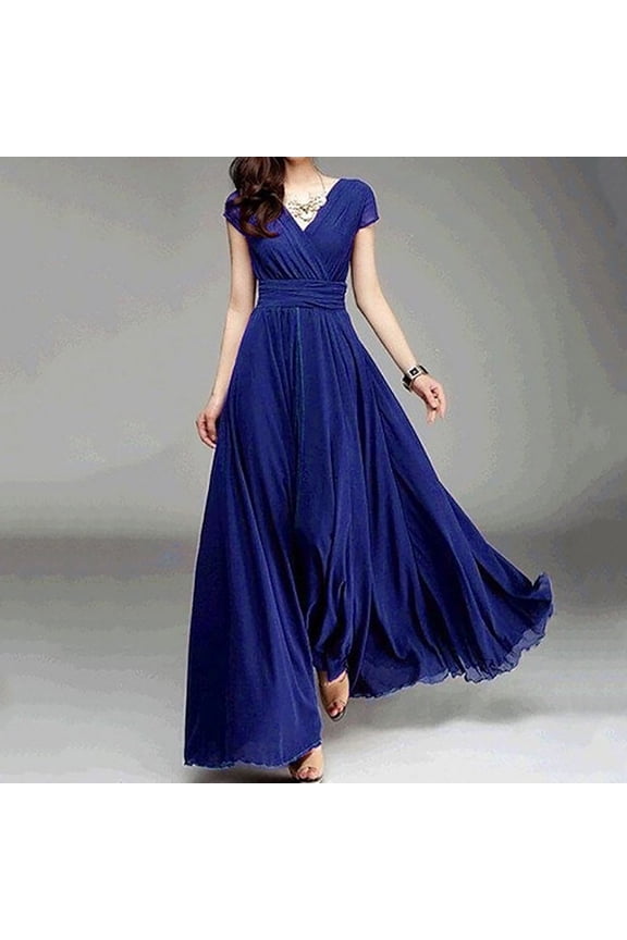 Womens Dresses V-Neck Solid Color Short Sleeve Chiffon Waist Closing Evening Dress 3Xl Blue