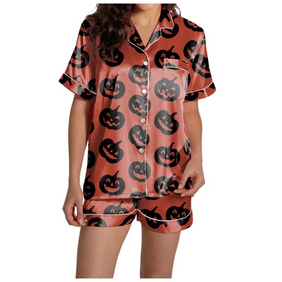 Ulitacool Womens Halloween Pajamas Set Short Sleeve Lapel Sleepwear Sleepwear Pumnpkin Graphic Round Neck Tops Shorts Lapel Button Down Shirts Pants 2 Pieces Pjs Set Durable Nightwear Hot Pink M