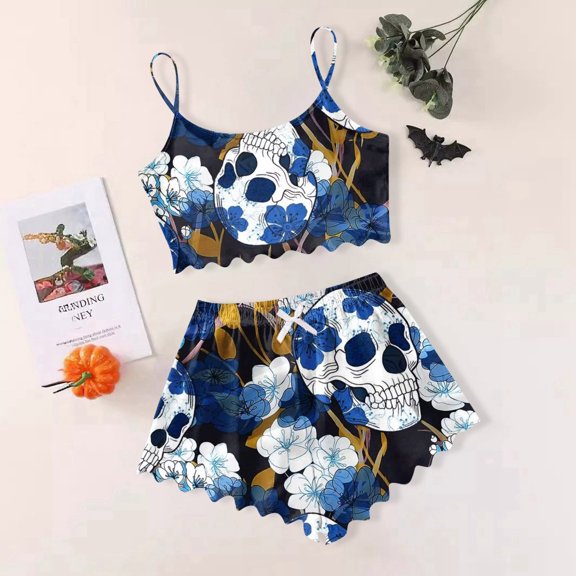 Ulitacool Womens Halloween Pajamas Set Sleeveless Nightwear Pumpkin Print Pj Set Shorts Set Festival Sleepwear Soft Homewear Classic Camisole Set Blue S