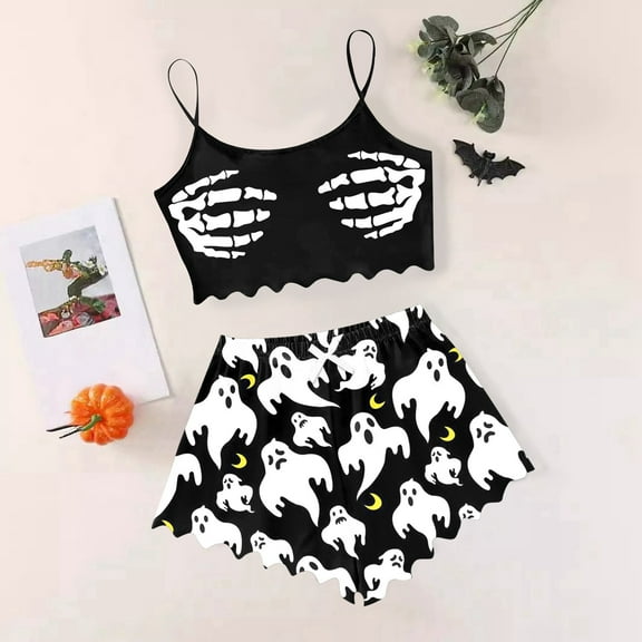 Ulitacool Womens Halloween Pajamas Set Sleeveless Paw Prints Vest Shorts Set Holiday Sleepwear Lightweight Homewear Trend Camisole Set White L