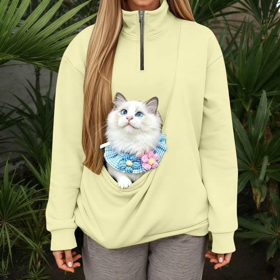 Ulitacool Womens Long Sleeve Quarter Zip Sweatshirt With Pocket And Sling For Cats Pet Pouch Hoodie Small Pet Carrier - Dog Cat Pouch Hoodie Sweatshirt Kangaroo Pocket Daily Wear Light Yellow L