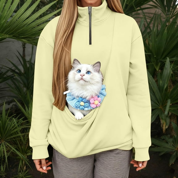 Ulitacool Womens Long Sleeve Quarter Zip Sweatshirt With Pocket And Sling For Cats Pet Pouch Hoodie Small Pet Carrier - Dog Cat Pouch Hoodie Sweatshirt Kangaroo Pocket Daily Wear Light Yellow L