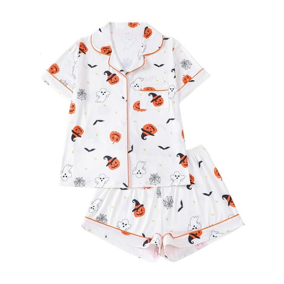 Ulitacool Womens Pajamas Halloween Festival Hallowmas Sleepwear Cartoon Printrs Button Down Shorts Sleeve Tops Shorts Notch Collor Nightwear Comfortable Daily Wear White Xl