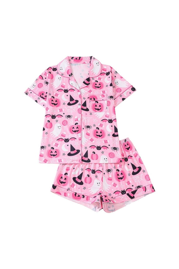 Womens Pajamas Halloween Pumpkin Printed Turn-Down Collar Short Sleeve Tops And Shorts Pajama Set Halloween Sexy Sleepwear Nightwear Pink L