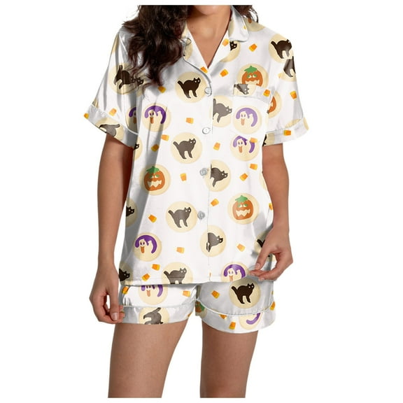 Ulitacool Womens Pajamas Halloween Short Sleeve Lapel Sleepwear Sleepwear Pumnpkin Graphic Round Neck Tops Shorts Lapel Button Down Shirts Pants 2 Pieces Pjs Set Lightweight Nightwear Pink L