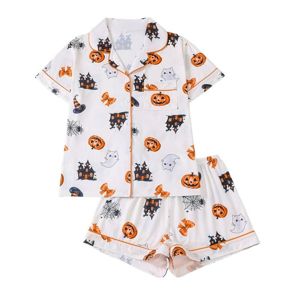 Ulitacool Womens Pajamas Halloween Short Sleeve Tops And Shorts Pumpkin Printed Turn-Down Collar Pajama Set Halloween Charm Sleepwear Nightwear White L