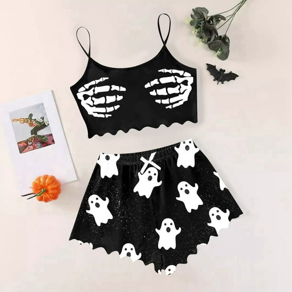 Ulitacool Womens Pajamas Halloween Sleeveless Nightwear Paw Prints Vest Shorts Set Festival Sleepwear Simple Style Homewear Versatile Camisole Set Black Xl