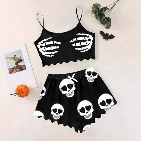 Ulitacool Womens Pajamas Halloween Sleeveless Paw Ghost Prints Nightwear Vest Shorts Set Festival Sleepwear Simple Style Homewear Trend Camisole Set Black L