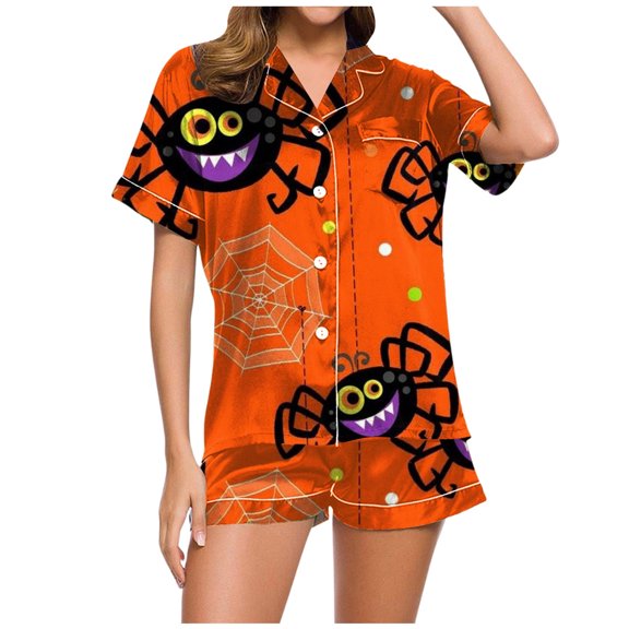 Ulitacool Womens Pajamas Sets Halloween Short Sleeve Pjs And Shorts Set Button Down Pumpkin Ghost Print Sleepwear Festival Casual Jammies Nightwear Orange Xl