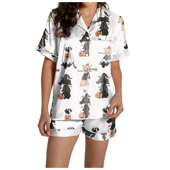 Ulitacool Womens Pajamas Sets Halloween Short Sleeve Sleepwear Sleepwear Pumnpkin Graphic Round Neck Tops Shorts Button Down Shirts Pants 2 Pieces Pjs Set Comfortable Nightwear Sky Blue Xl