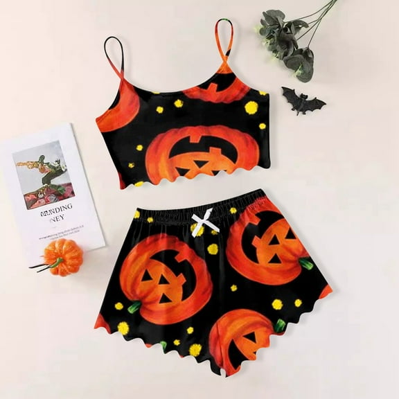 Ulitacool Womens Pajamas Sets Halloween Sleeveless Nightwear Pumpkin Print Pj Set Shorts Set Festival Sleepwear Soft Homewear Retro Camisole Set Orange S