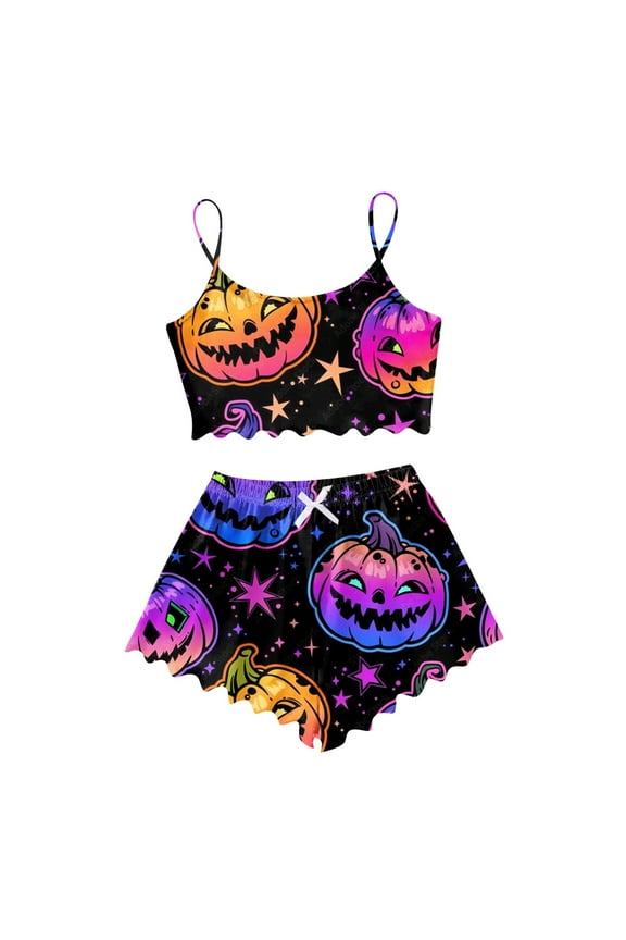 Womens Sexy Pajamas Halloween Sleeveless Top And Pants Pumpkin Print Sleepwear Jammies V Neck Nightwear Autummn Winter Casual Clothes Xl Purple