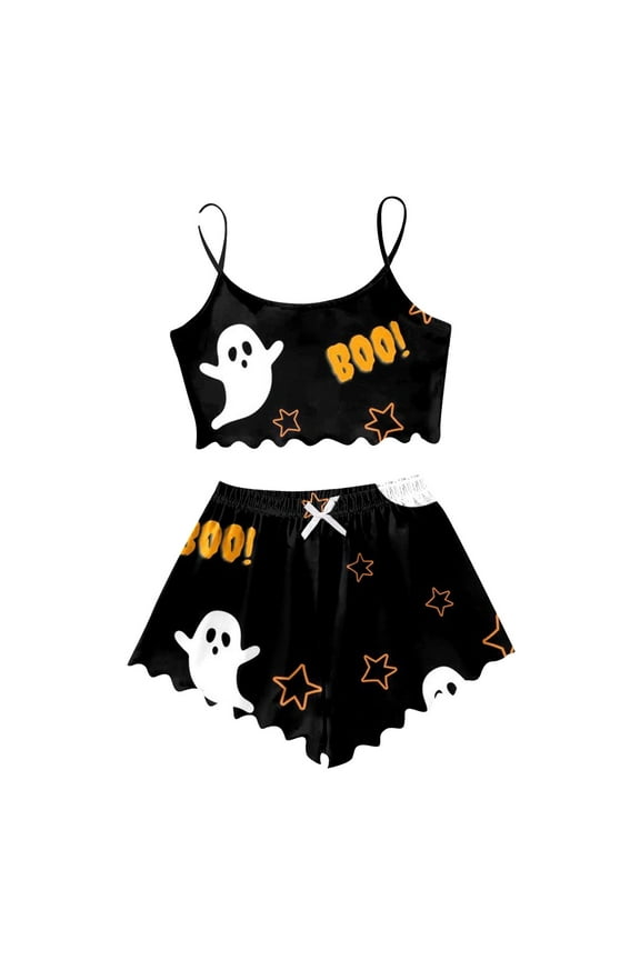 Womens Sexy Pajamas Halloween Sleeveless Top And Pants Pumpkin Print Sleepwear Jammies V Neck Nightwear Autummn Winter Retro Clothes L Black