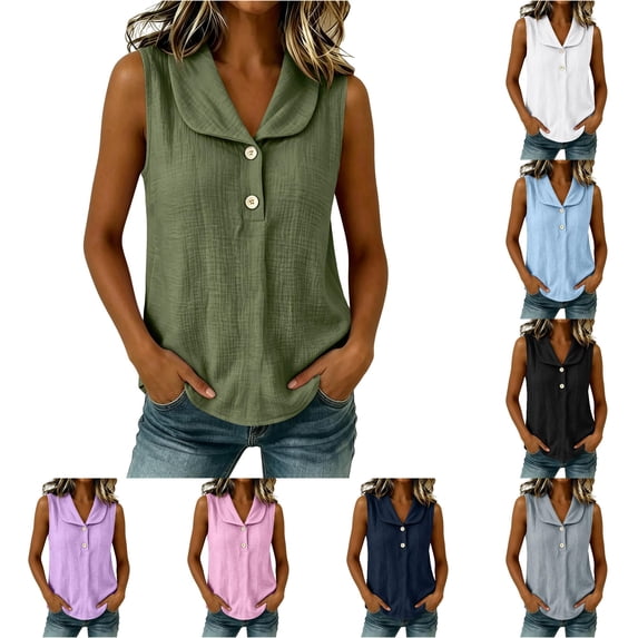Ulitacool Womens Summer Shirts O Neck Solid Color Sleeveless Tank Tops Button Blouse Classic Clothes 2Xl Green