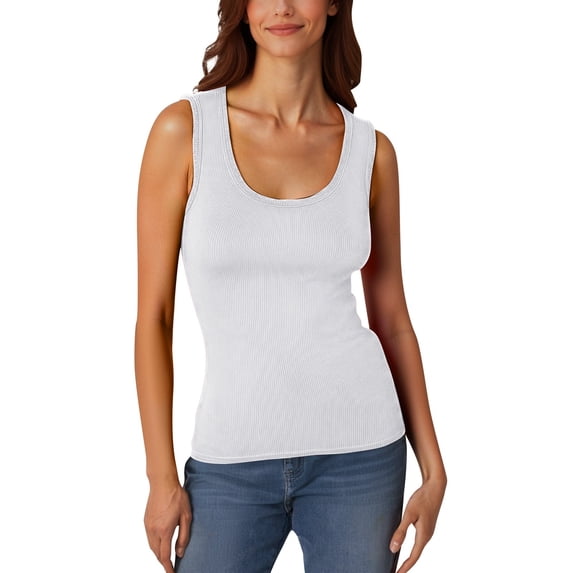 Ulitacool Womens Tank Tops Ladies' Low Round Neck Ribbed T Shirt Sleeveless Elastic And Form Fitting Vest Tee Leisure Clothes L White