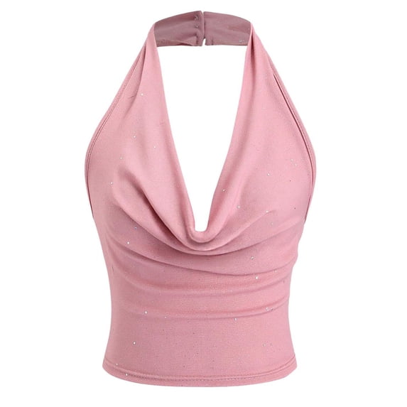Ulitacool Womens Tank Tops Solid Color Sparkling Neck Camisole Backless Sleeveless Tank Top Summer Vest Blouse Basic Clothes S Pink