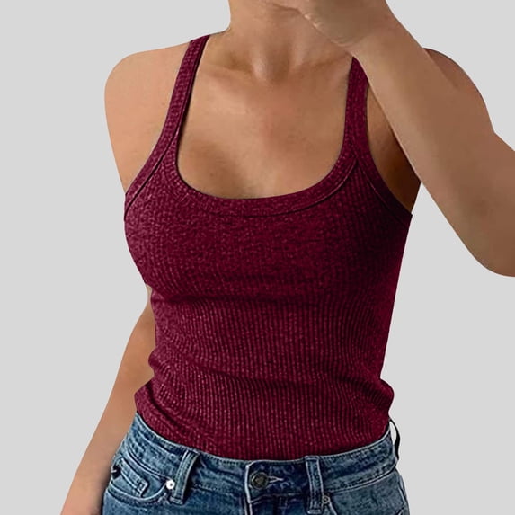 Ulitacool Womens Tank Tops Spaghetti Strap Round Neck Ribbed Slim Fitted Camisole Basic Sleeveless Layering Shirts Classic Wear M Brick Red