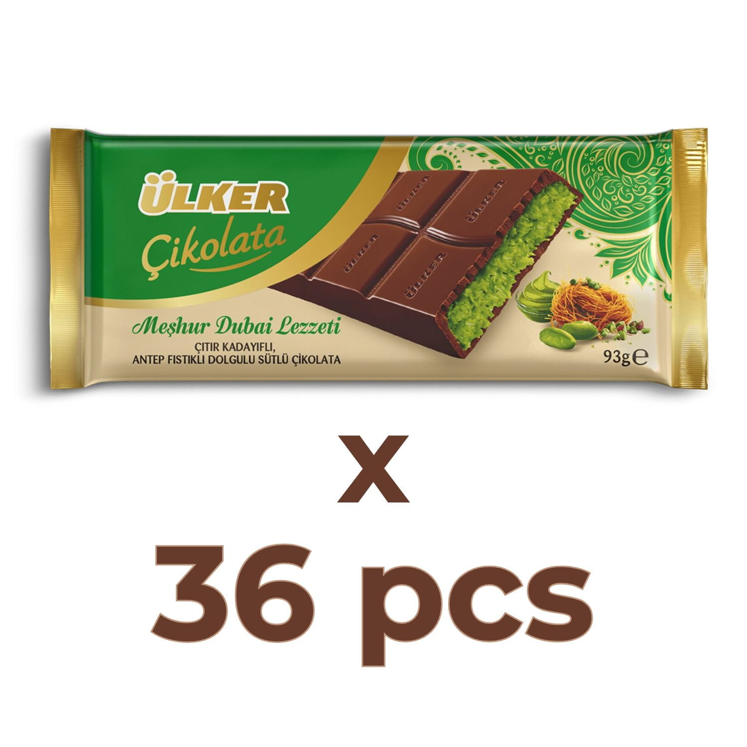 Ulker Dubai Chocolate Bar with Pistachip and Kadayif 3.28 oz x 36 pcs