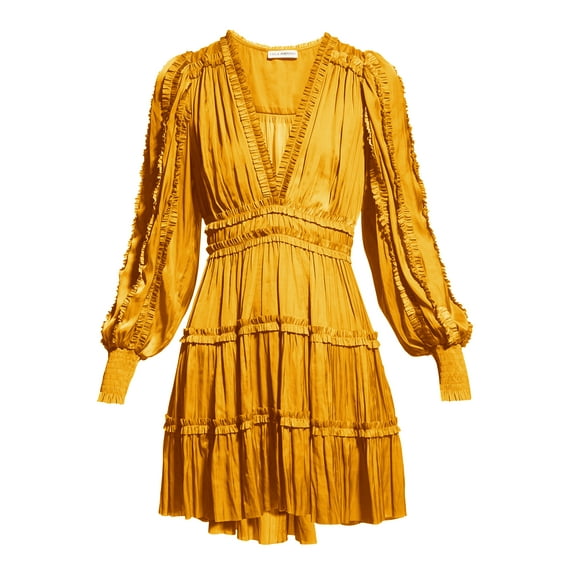 Ulla Johnson Women's Amara Long Sleeve Ruffle Hem V-Neck Dress Goldenrod