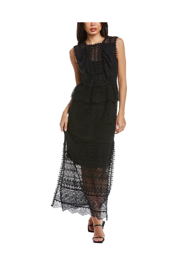 womens  Lace Silk-Trim Maxi Dress, 2, Black