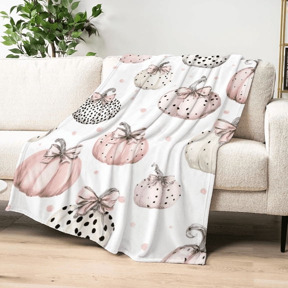 Ullo0ord 1pc Autumn Pink Pumpkin Flannel Blanket - Soft Warm Cozy Farmhouse Throw for Couch, Bed, Chair - Thanksgiving Decor with Polka Dot Leopard Print Accents - Machine Washable