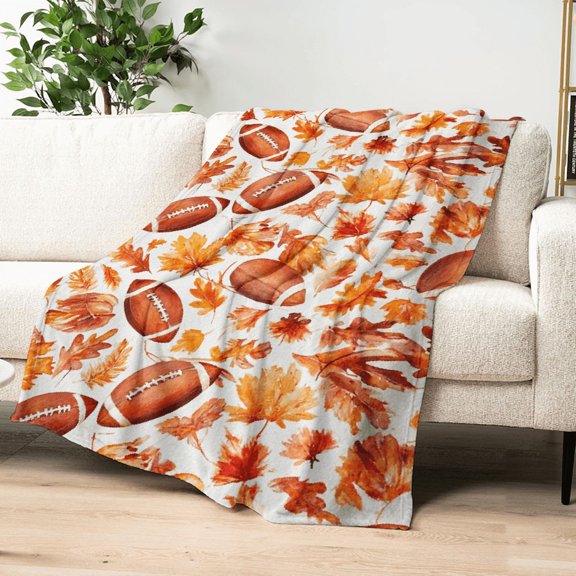 Ullo0ord 1pc Autumn Thanksgiving Blanket, Football and Maple Leaf Farmhouse Throw, Thanksgiving Fall Flannel Blanket, Suitable for Home Living Room Sofa Bed Chair or Dorm Decor, All-Season Use