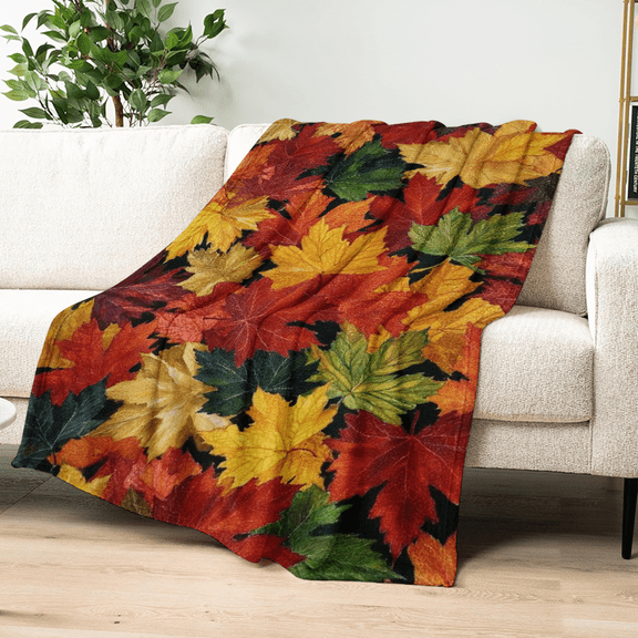 Ullo0ord 1pc Cozy Autumn Leaf Symphony Printed Throw Blanket - Lightweight Plush Flannel, Vibrant Fall Foliage Design in Red, Orange, Yellow Green, Perfect for Sofa, Couch, Bed, Office