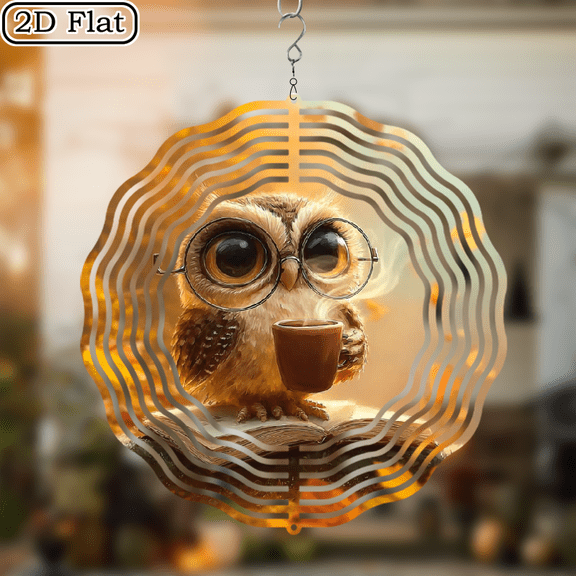 Ullo0ord 2D Flat 10 Inch Double-Sided Metal Wind Chime with Enchanted Night Owl Glowing Full Moon Design Vintage Blue Black Feathered Owl, No Electricity Needed, Perfect for Nature Lovers